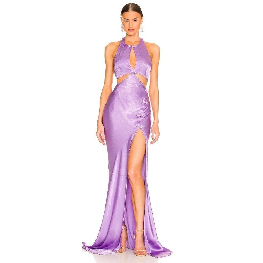 Satin Lavender Cutout Halter Maxi Dress